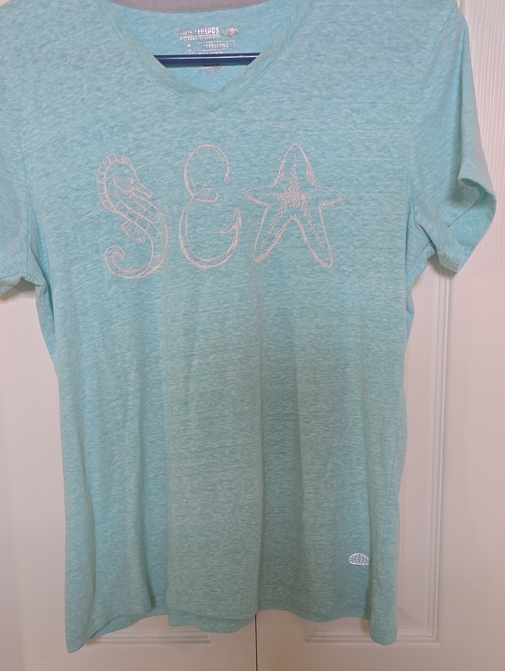 Reel Legends Sea Graphic V-Neck Tee in Light Aqua